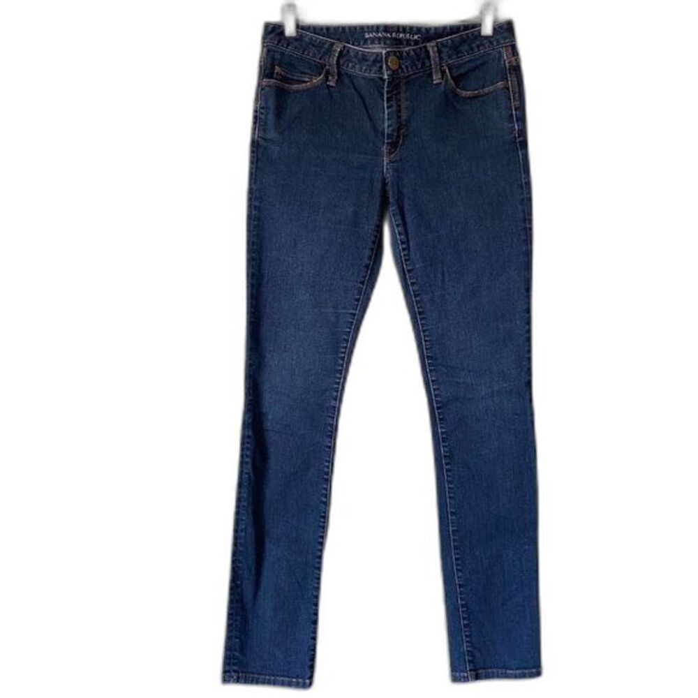 Banana Republic Skinny Fit Mid Rise Dark Wash Orange Stitch Jeans - Women's 28